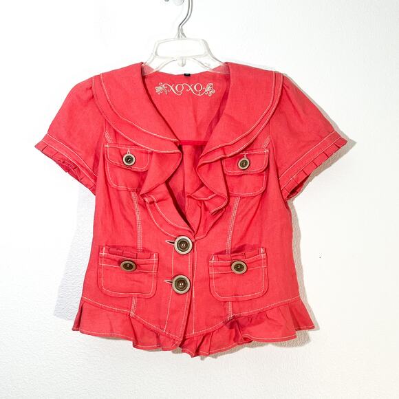 XOXO Linen Jacket Womens L Y2K Boho Ruffle Cute Blazer Work Office Career Summer - Picture 1 of 6